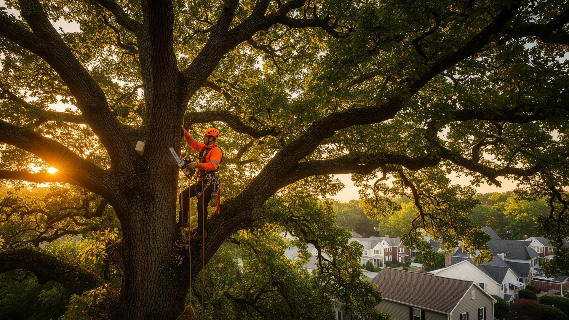 Trenton Tree Service climber working in a large oak tree at sunrise